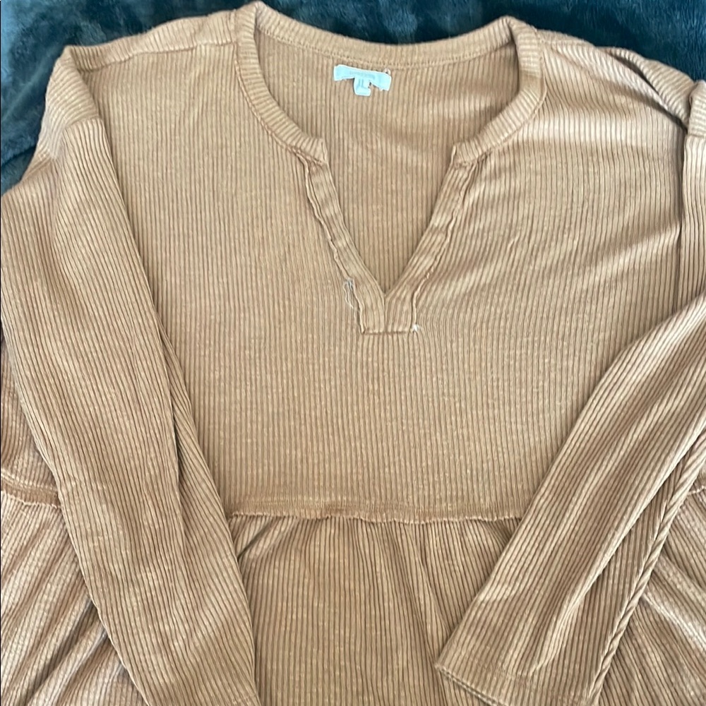 Casual Tan Ribbed Long Sleeve Top